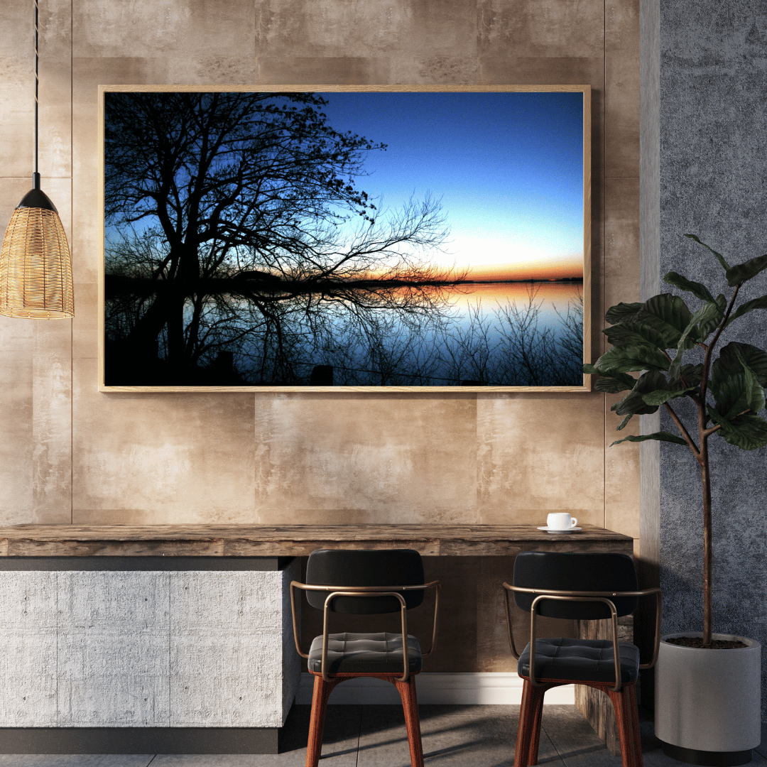 Twilight Reflections: Bare Trees by the Lake Acrylic Wall Art