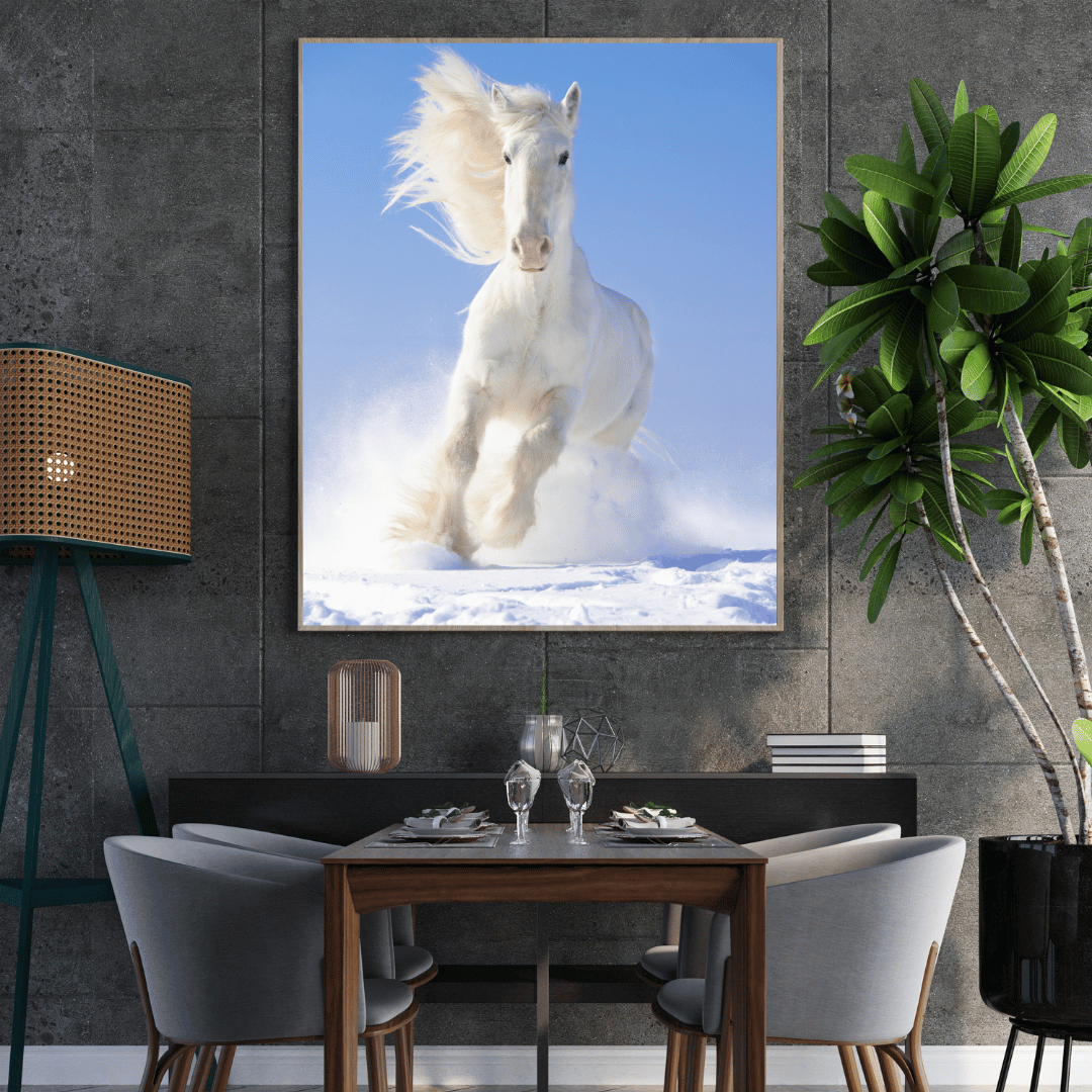 Blizzard Runner: White Horse in Snow HD Acrylic Photo Print