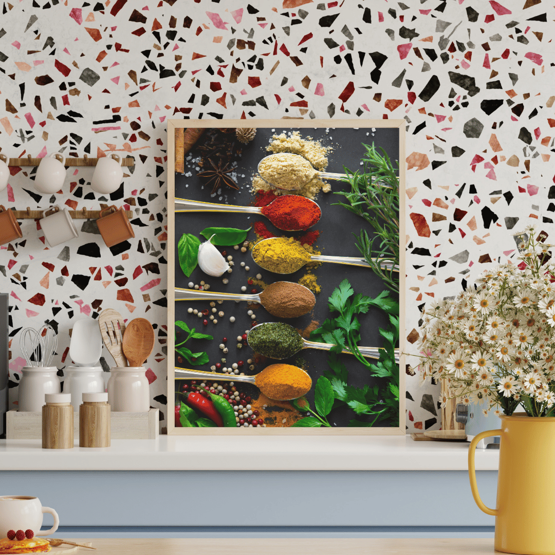 Palette of Flavors: Gourmet Spice Spoons with Fresh Herbs Art Print
