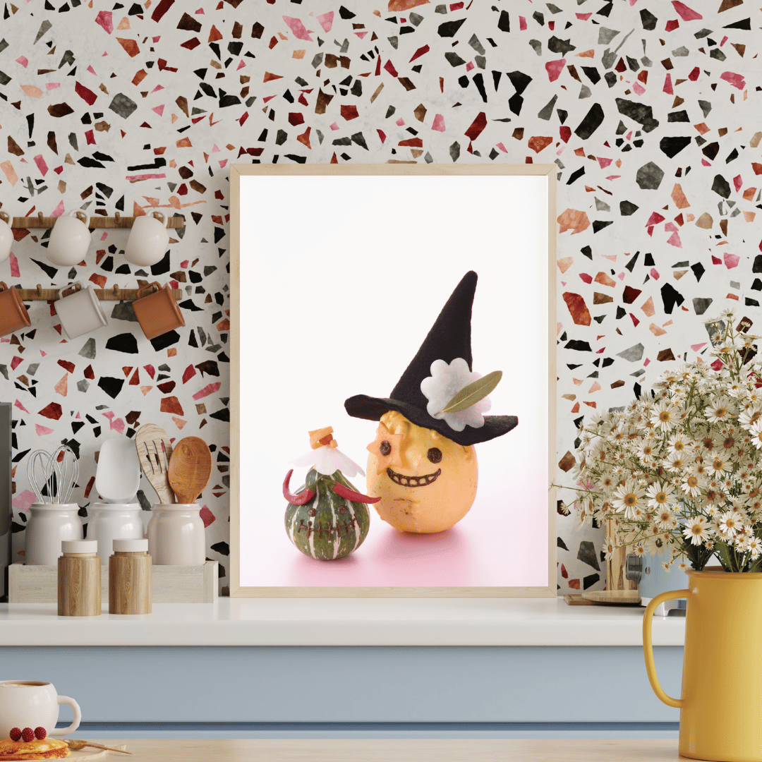 Whimsical Halloween Veggie Duo: Spooky Gourd Characters Decor Print