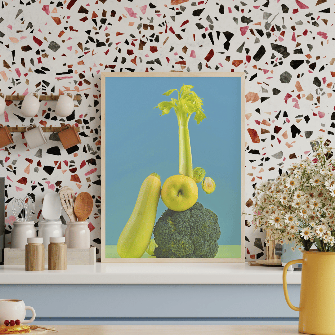Verdant Tower: Balanced Greens Still Life Print