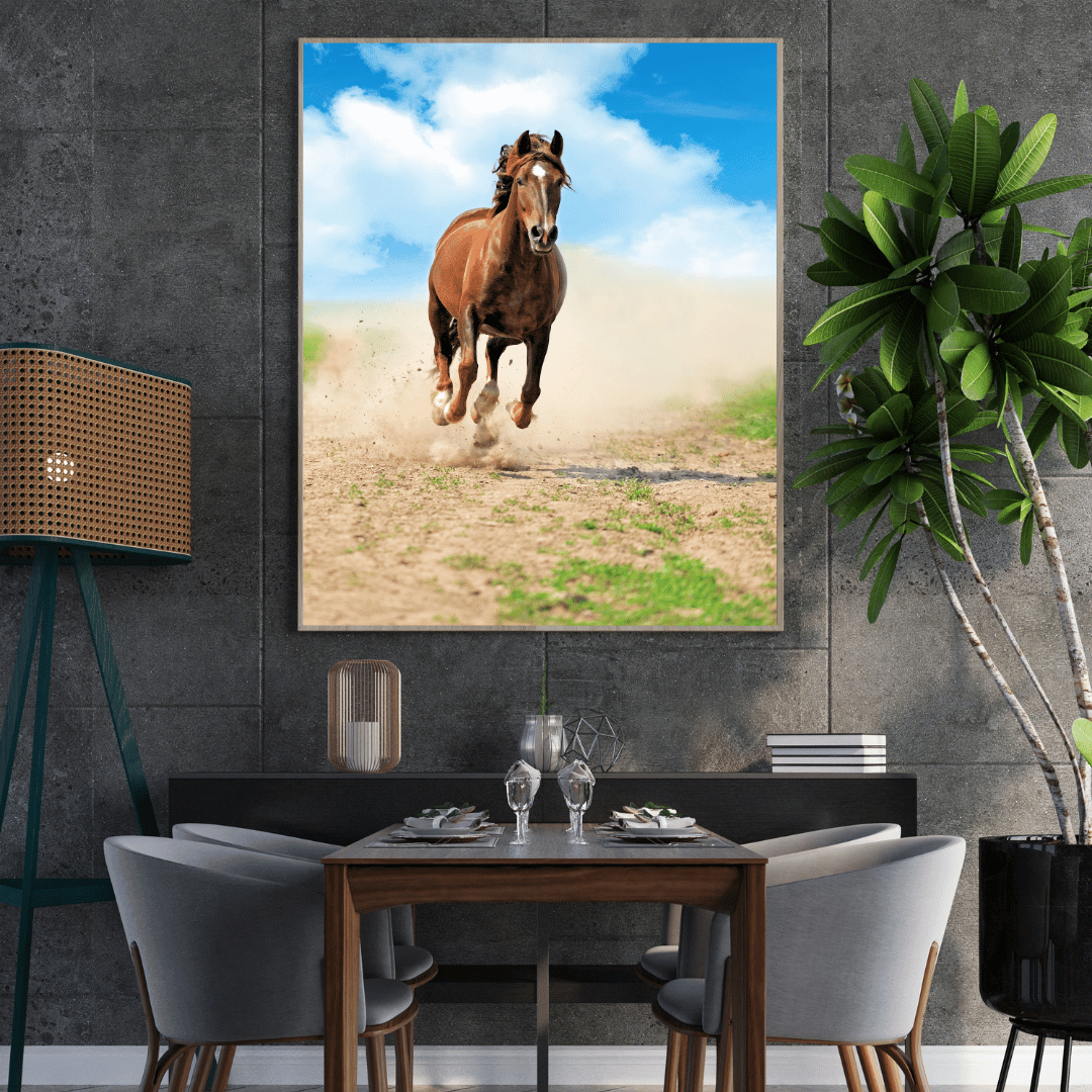 Dust Trail Gallop: Dynamic Brown Horse HD Acrylic Photo Print
