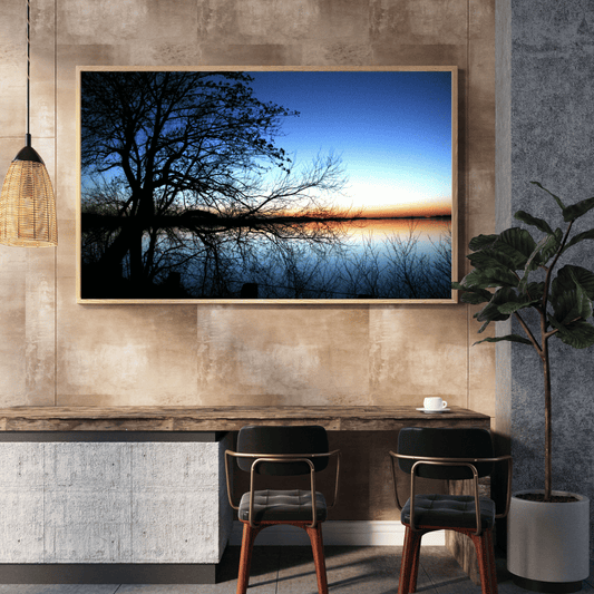 Twilight Reflections: Bare Trees by the Lake Acrylic Wall Art
