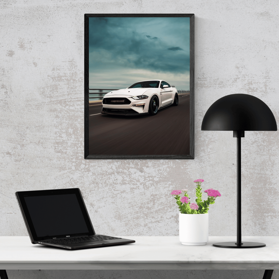 Highway Howl: White Mustang in Motion Acrylic Print
