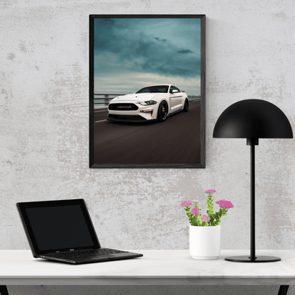 Highway Howl: White Mustang in Motion Acrylic Print