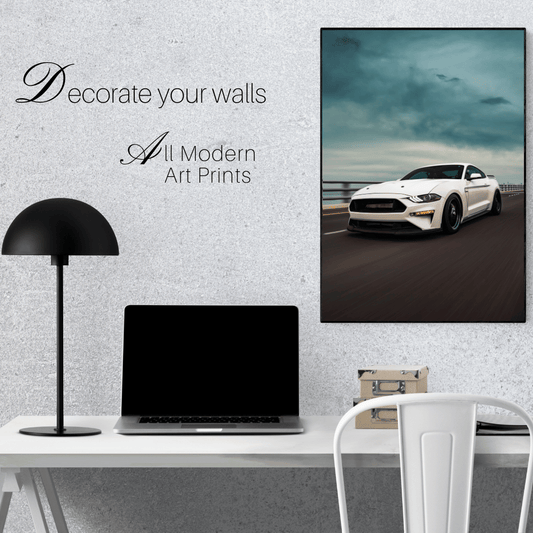 Highway Howl: White Mustang in Motion Acrylic Print