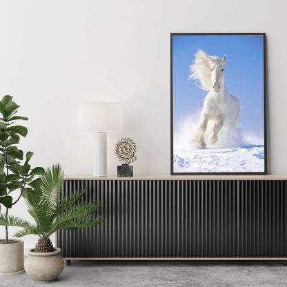 Blizzard Runner: White Horse in Snow HD Acrylic Photo Print
