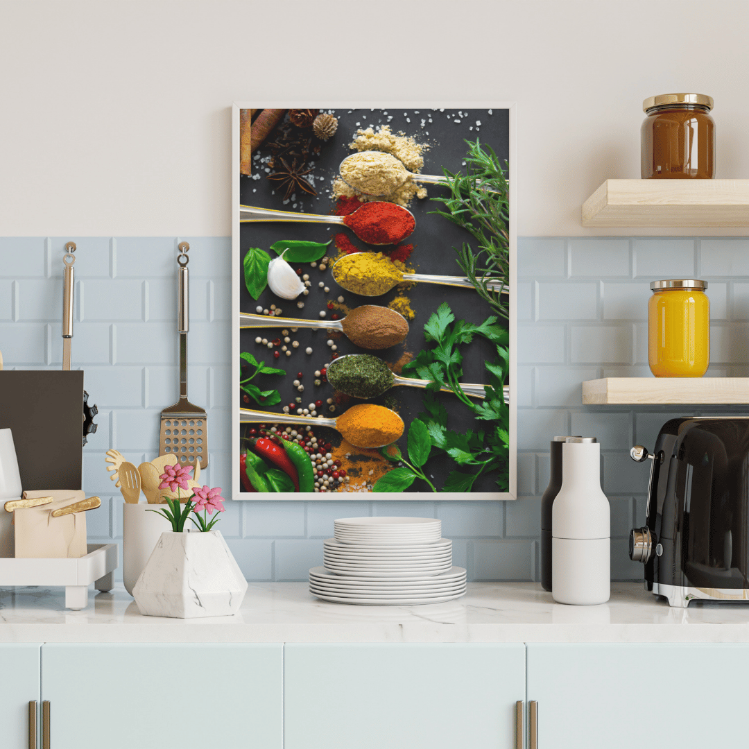 Palette of Flavors: Gourmet Spice Spoons with Fresh Herbs Art Print