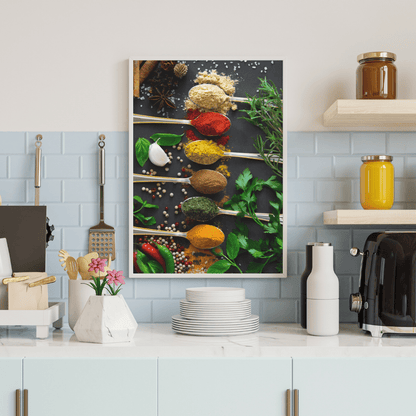 Palette of Flavors: Gourmet Spice Spoons with Fresh Herbs Art Print