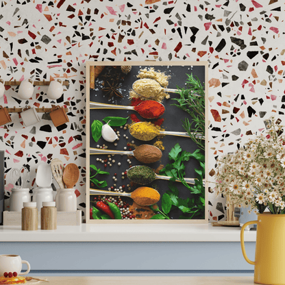 Palette of Flavors: Gourmet Spice Spoons with Fresh Herbs Art Print