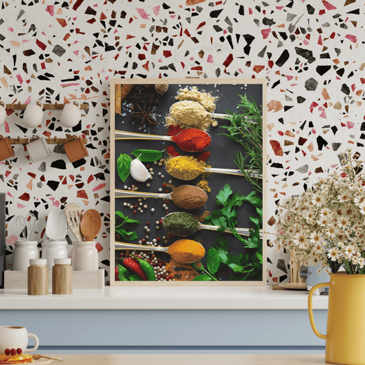 Palette of Flavors: Gourmet Spice Spoons with Fresh Herbs Art Print