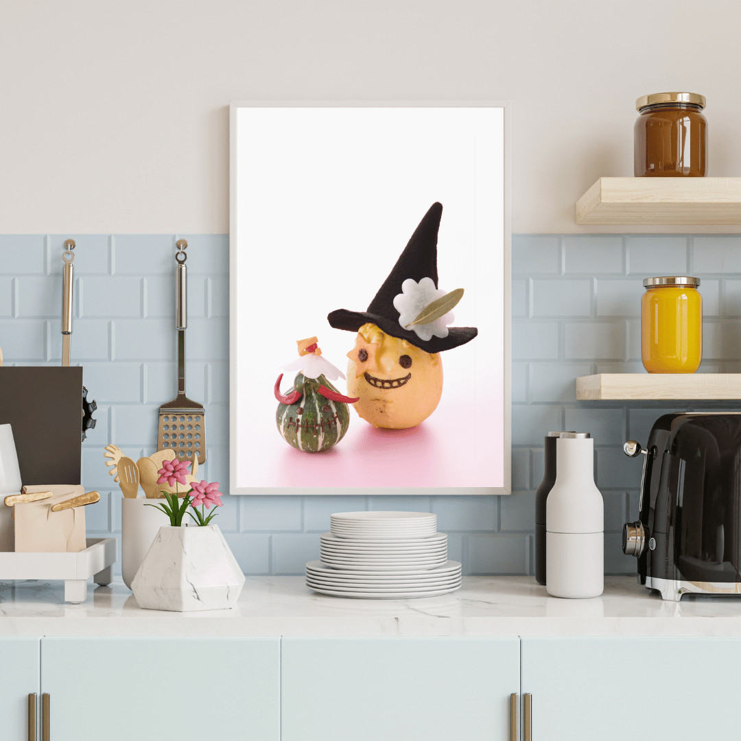 Whimsical Halloween Veggie Duo: Spooky Gourd Characters Decor Print