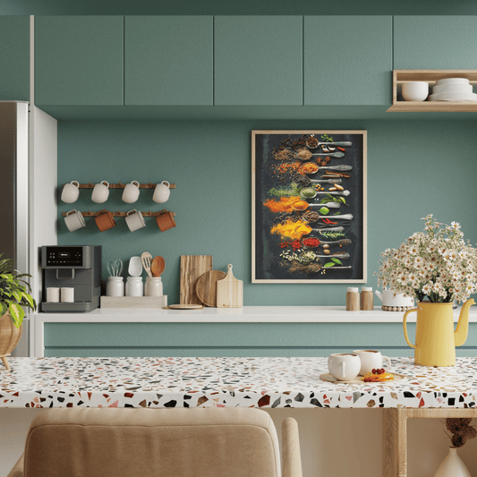 Spice Symphony: Vintage Spoons with Colorful Indian Masalas Wall Art