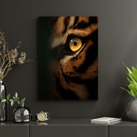 Predator’s Gaze: Golden-Eyed Tiger Close-Up HD Acrylic Photo Print