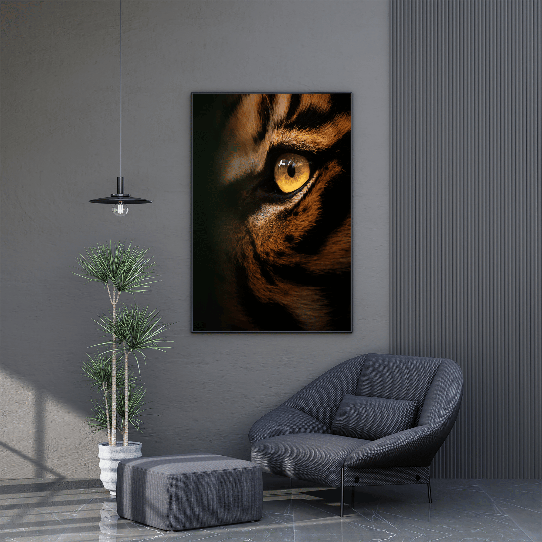 Predator’s Gaze: Golden-Eyed Tiger Close-Up HD Acrylic Photo Print