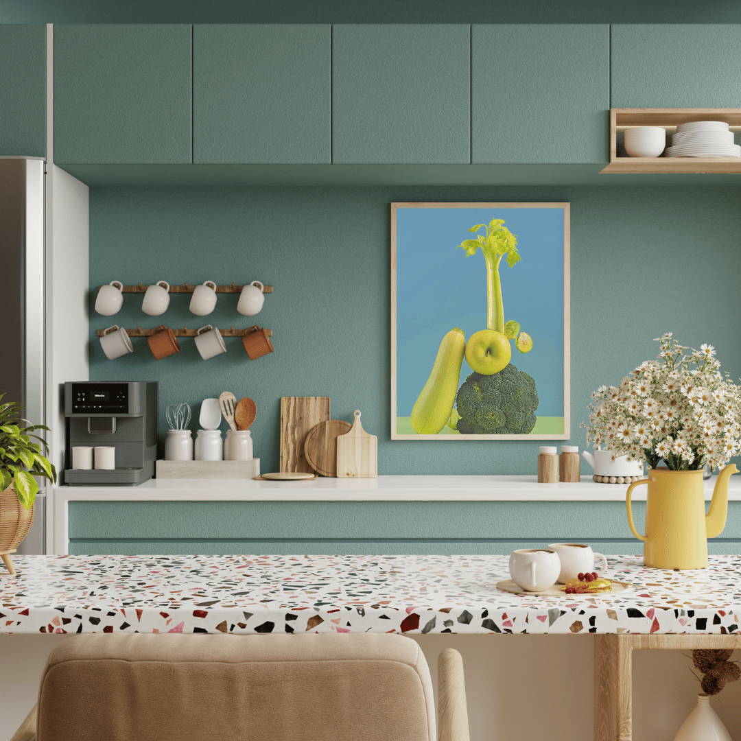 Verdant Tower: Balanced Greens Still Life Print