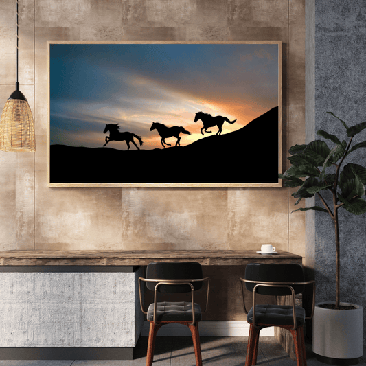 Dusk Gallop: Wild Horses at Sunset HD Acrylic Photo Print