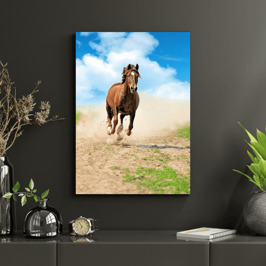 Dust Trail Gallop: Dynamic Brown Horse HD Acrylic Photo Print