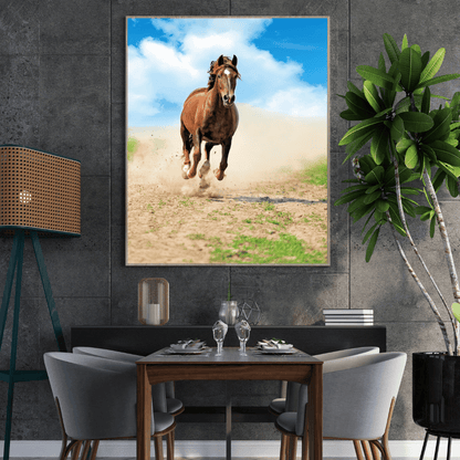 Dust Trail Gallop: Dynamic Brown Horse HD Acrylic Photo Print