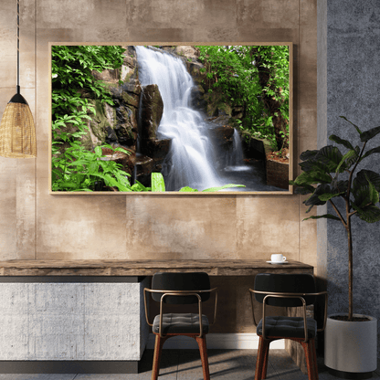 Tropical Whisper: Jungle Waterfall Tranquility Acrylic Print
