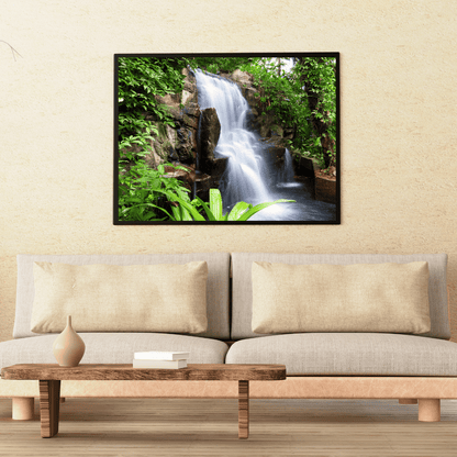 Tropical Whisper: Jungle Waterfall Tranquility Acrylic Print