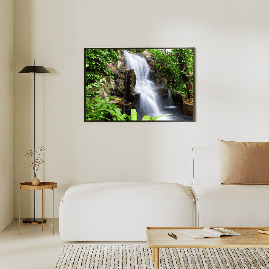 Tropical Whisper: Jungle Waterfall Tranquility Acrylic Print